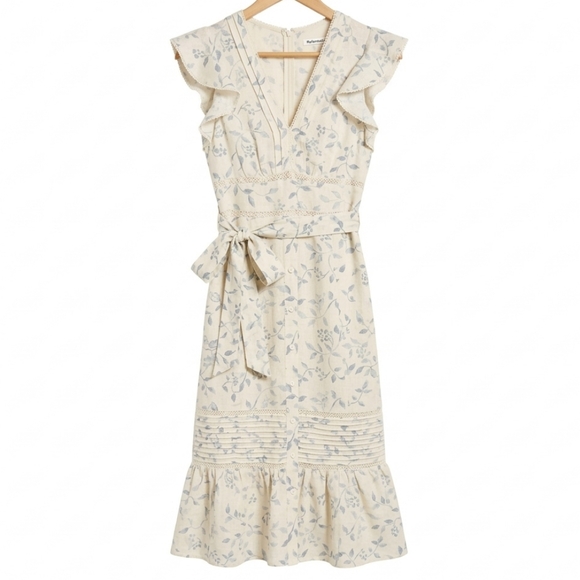 Reformation Lili Linen Floral Ruffle Sleeve Dress - Picture 2 of 14